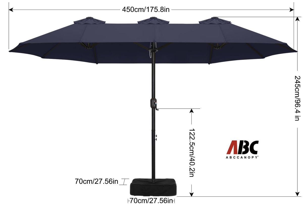 15FT Double-Sided Rectangle Patio Umbrella with Base Navy Blue H1756