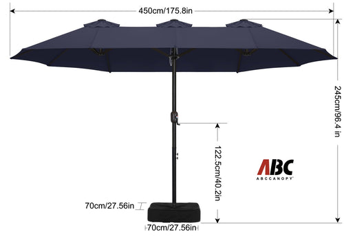15FT Double-Sided Rectangle Patio Umbrella with Base Navy Blue H1756