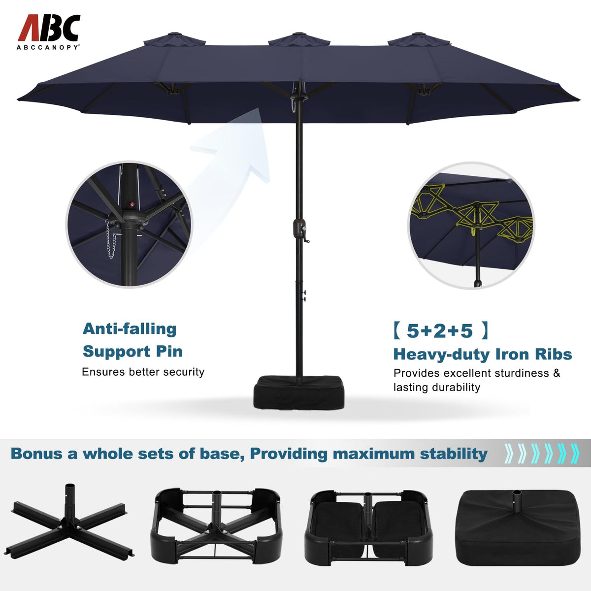 15FT Double-Sided Rectangle Patio Umbrella with Base Navy Blue H1756