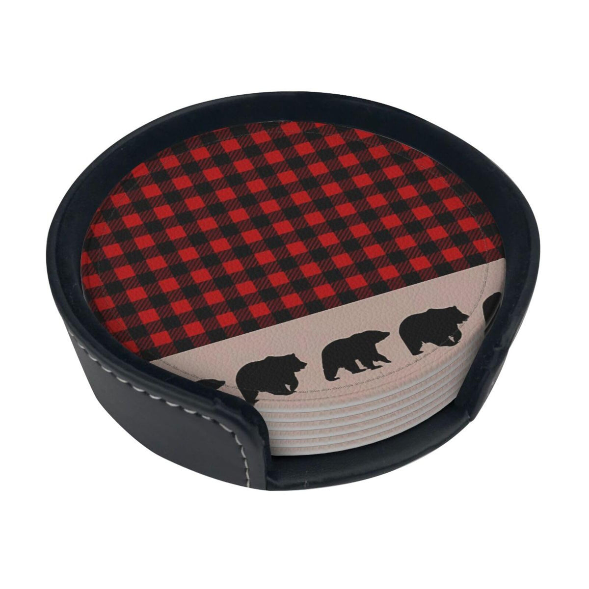 6 Pcs Plaid Leather Coasters with Holder W316