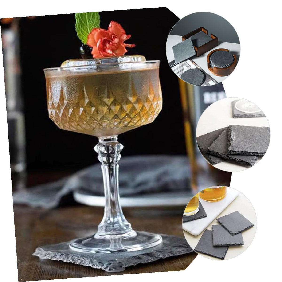 Black 12pcs Natural Stone Cup Coaster Set S24882