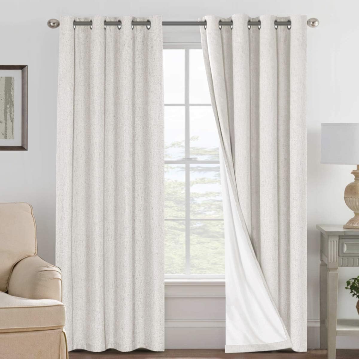 100% Blackout Linen Curtains 84" L 2 Panels Ivory E922