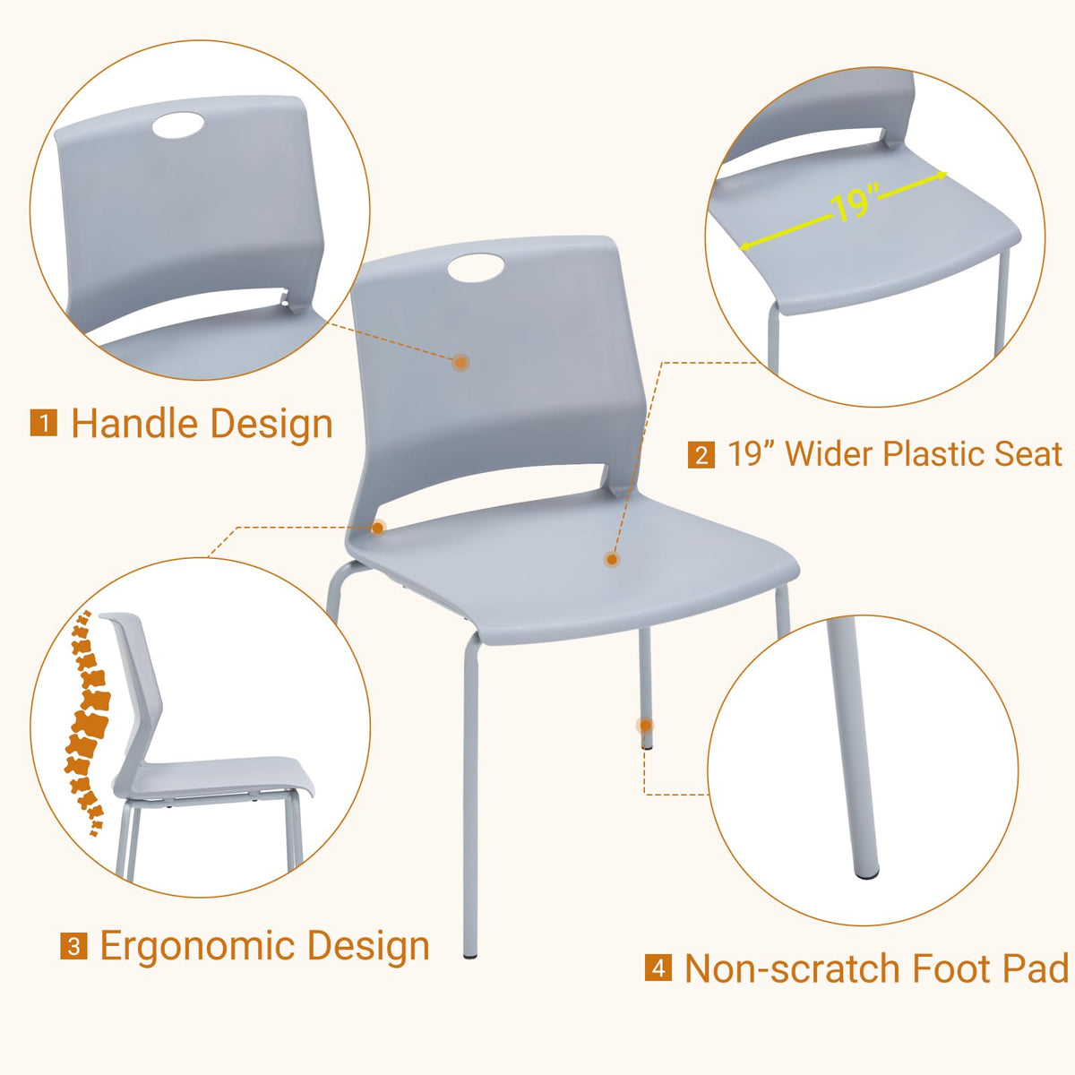 Grey Stack Chairs Set of 4 with Metal Legs F1705