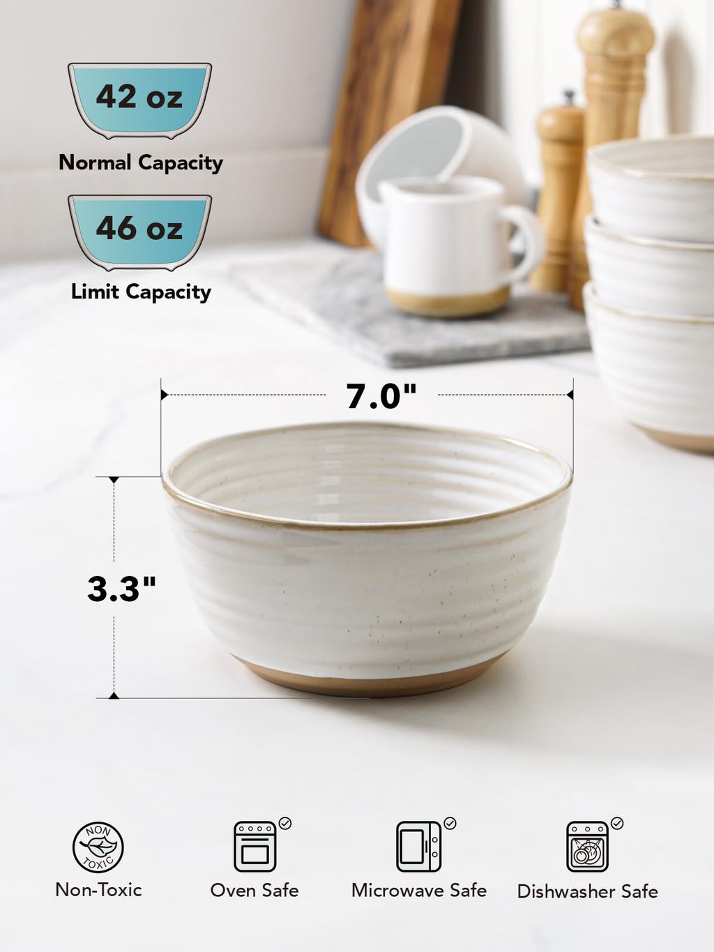 Ceramic Soup Bowl Set 42 oz 7 Inch Set of 4 Arctic White Y28092