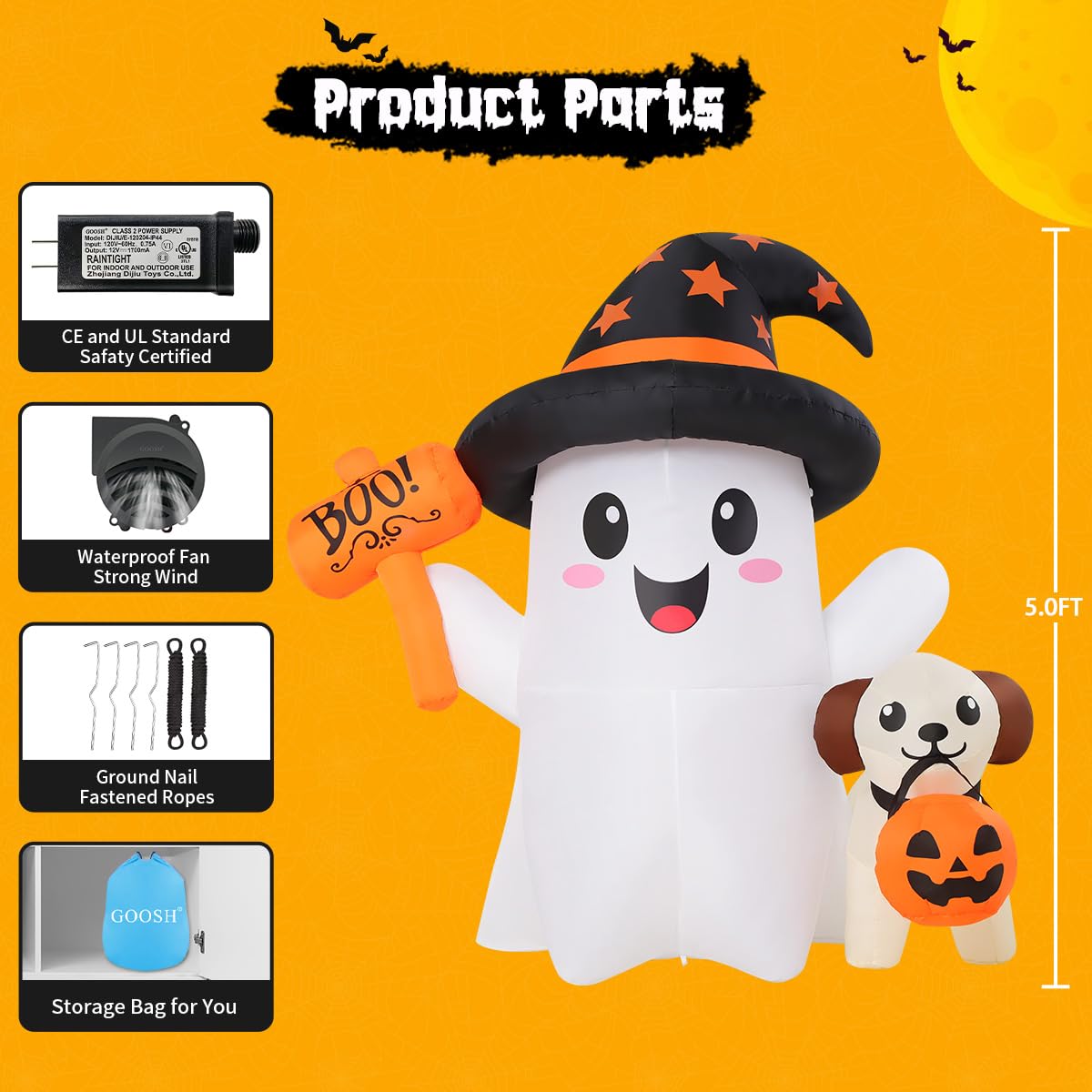 5 FT Halloween Inflatables Ghost with Built-in LEDs S55823