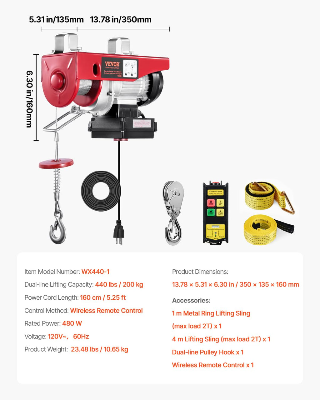 110v 440lbs Electric Hoist with Wireless Remote Control P130