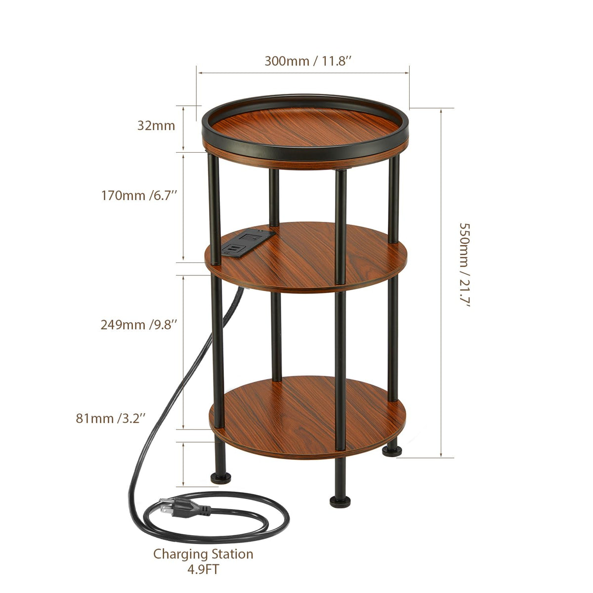 Small Round 3-Tier Side Table with Charging Station V400167