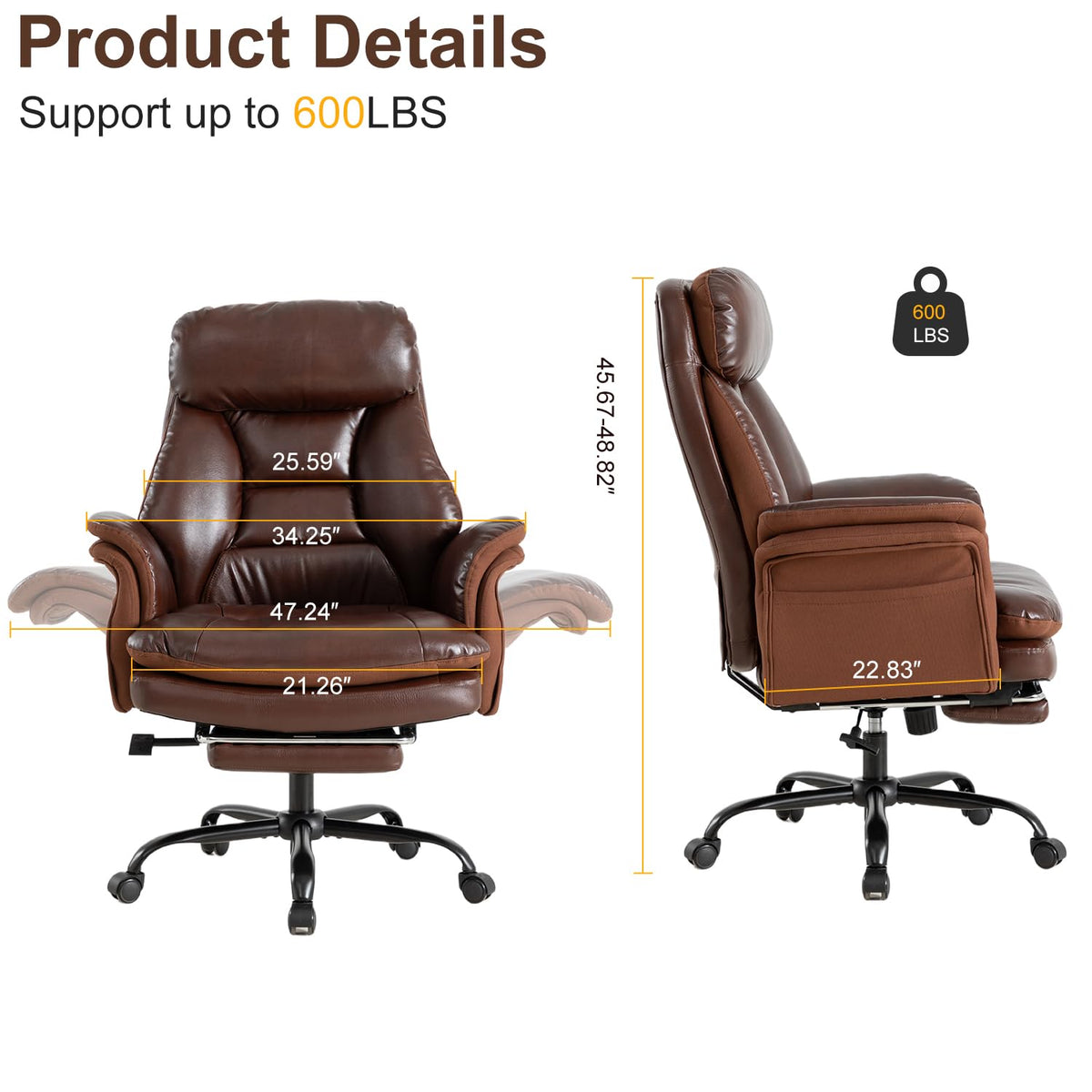 600lbs Big and Tall Brown Leather Office Chair with Footrest N901