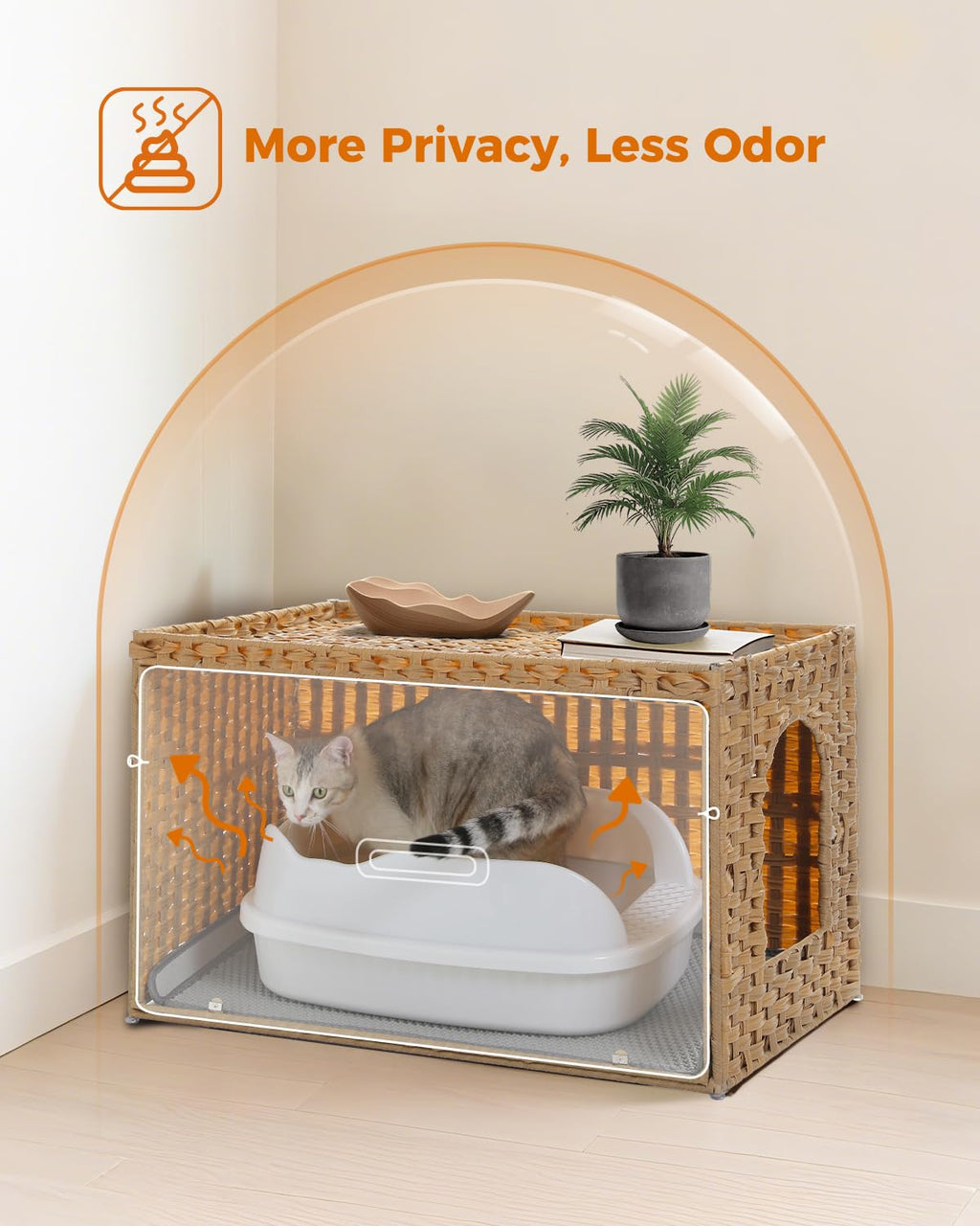 Beige Rattan Cat Litter Box Enclosure O74457