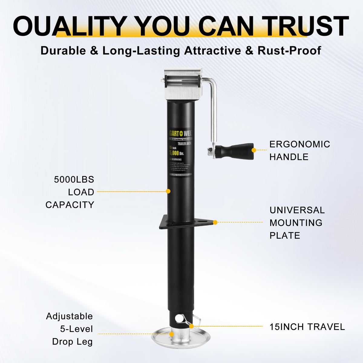 5000 lbs A-Frame Trailer Jack, 15" Vertical Travel with Adjustable Drop Leg M92743