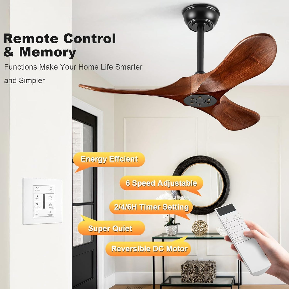 Solid Wood 3 Blade Ceiling Fan with Remote Wall Control P829