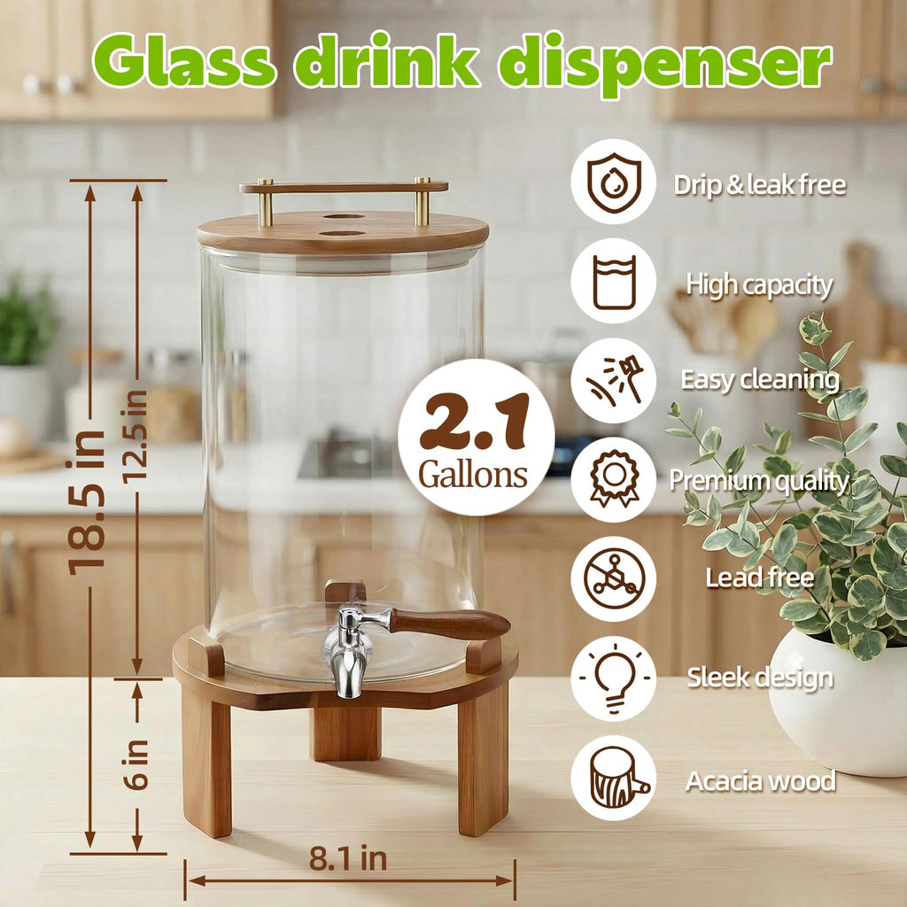 2.1 Gallon Glass Beverage Dispenser with Stand and Stainless Steel Spigot U243044