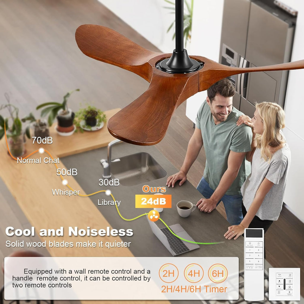 Solid Wood 3 Blade Ceiling Fan with Remote Wall Control P829