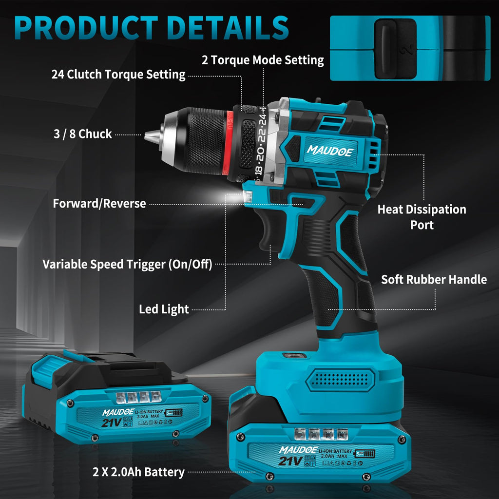 21V Brushless Cordless Drill with 2 Batteries & Charger U8082