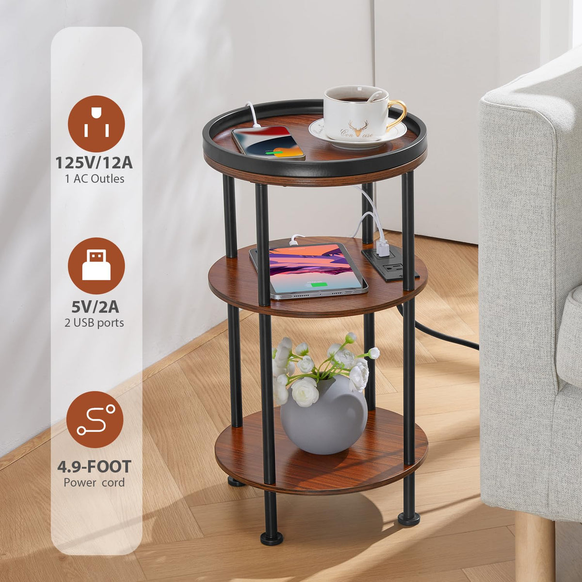 Small Round 3-Tier Side Table with Charging Station V400167