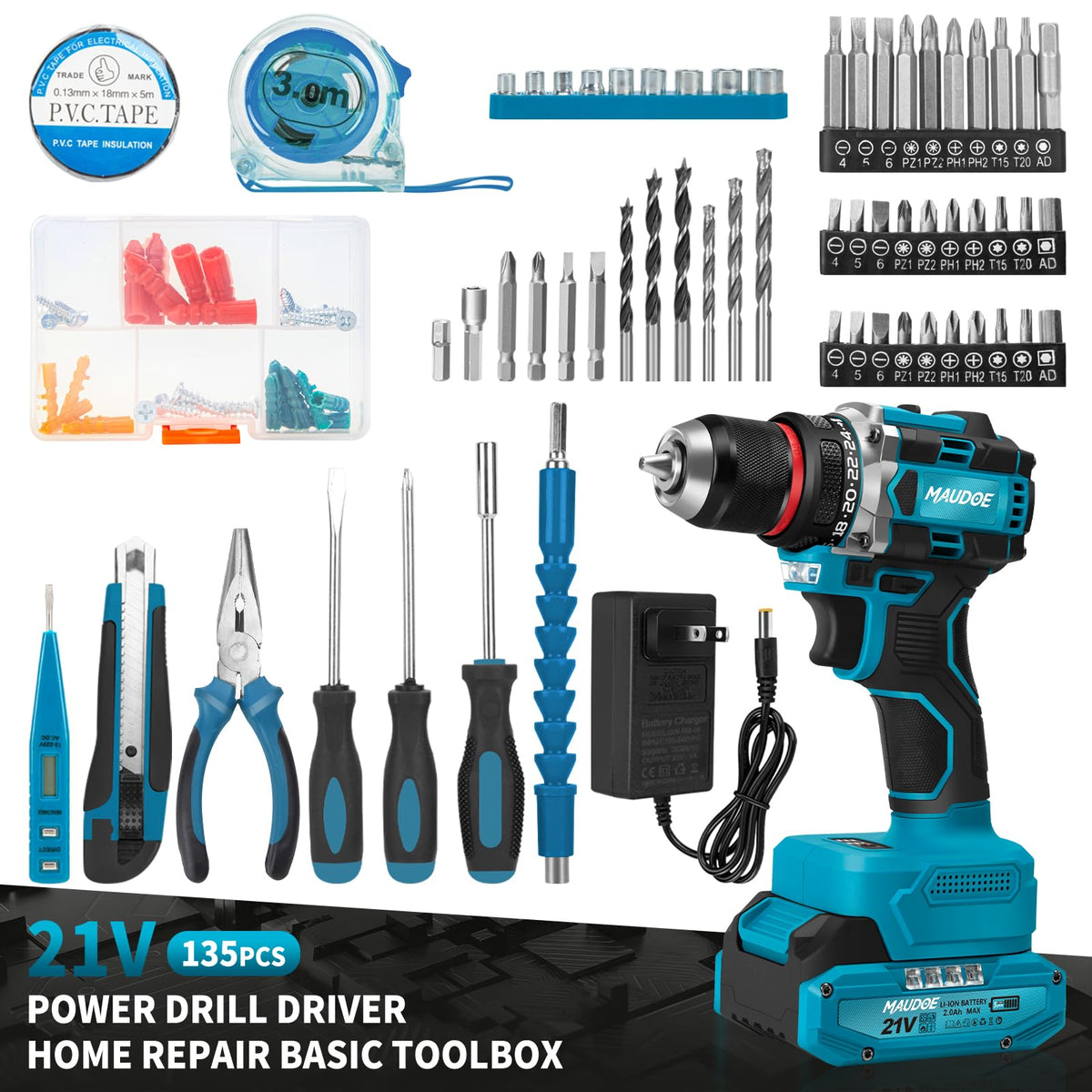 21V Brushless Cordless Drill with 2 Batteries & Charger U8082