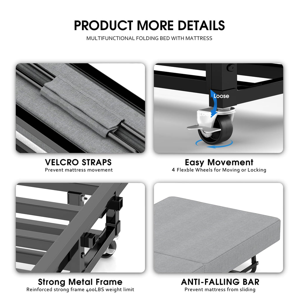 Folding Bed with Mattress, Memory Foam and Metal Frame, 75" x 31" G71444