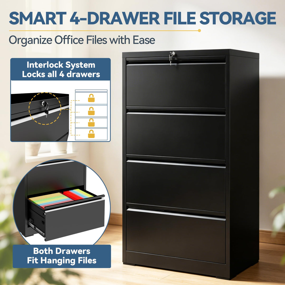 4 Drawer Black Metal File Cabinet with Lock I71432