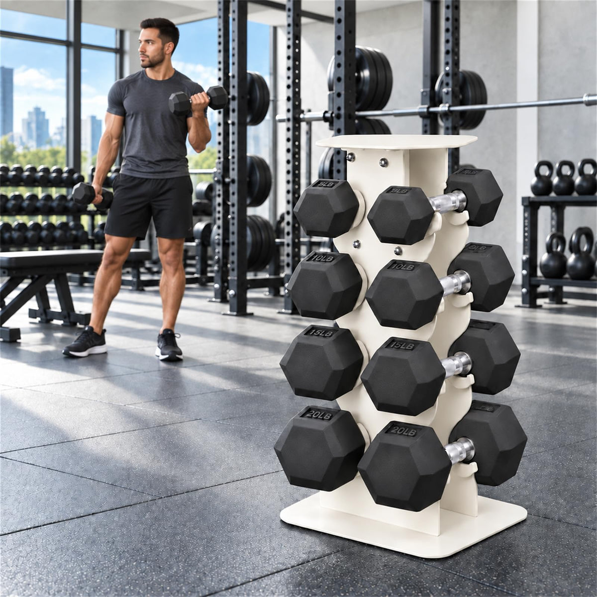 100 lb Rubber Hex Dumbbell Set with Rack O430798