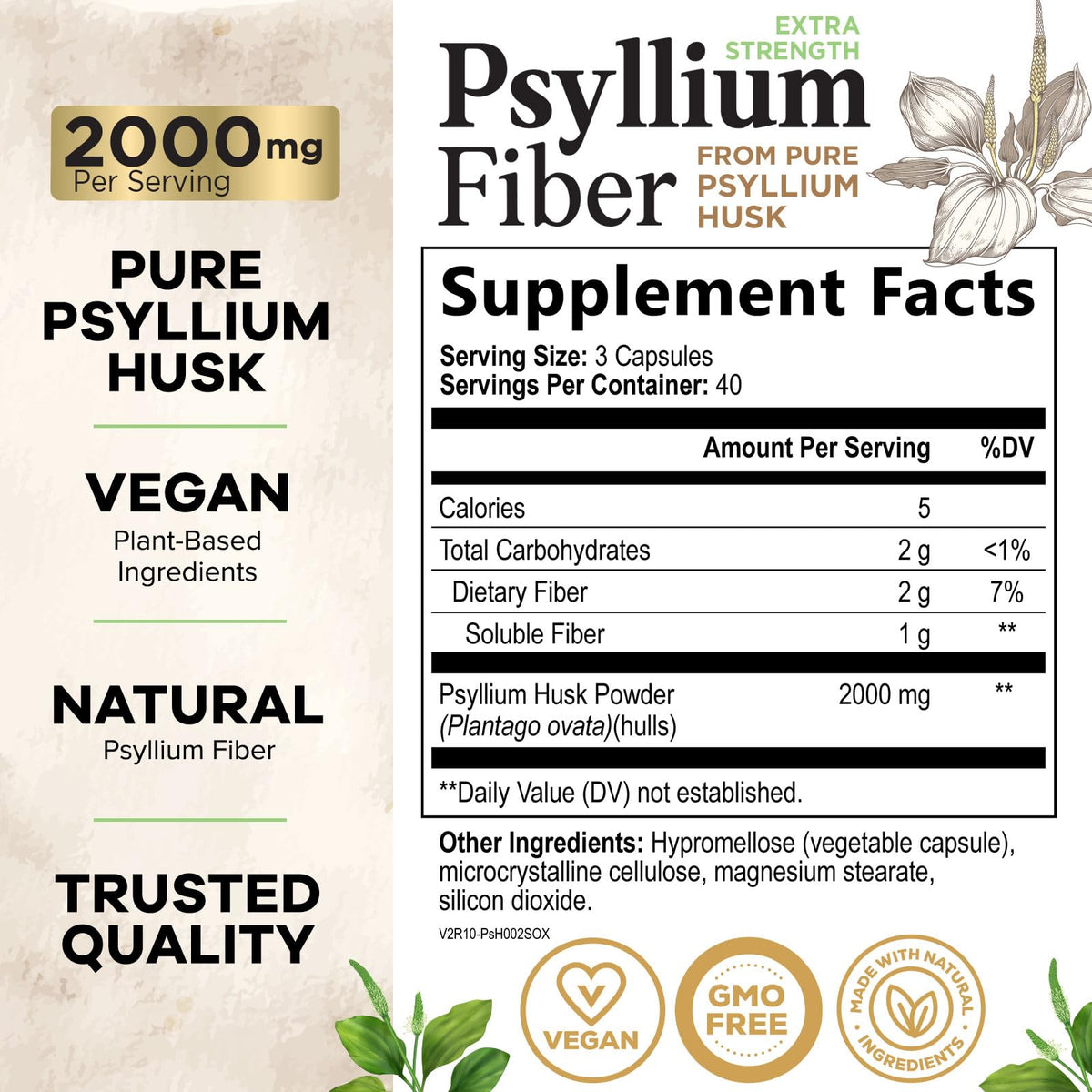 Psyllium Husk Capsules 2000 mg 120 Capsules T14479