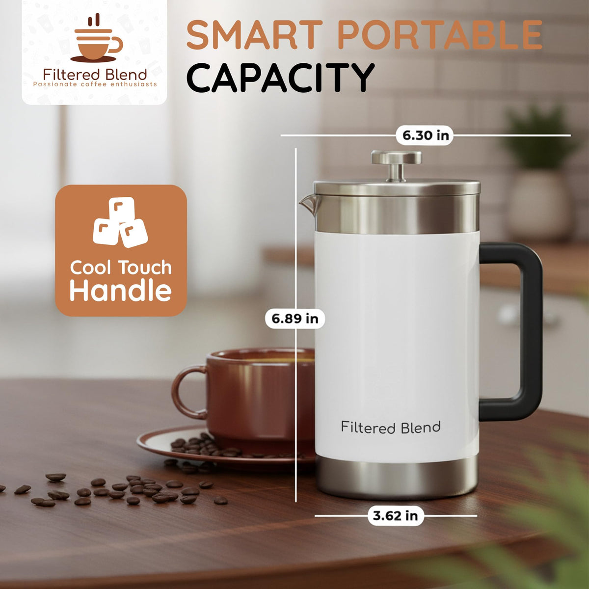 54 oz White Stainless Steel French Press Coffee Maker I92364
