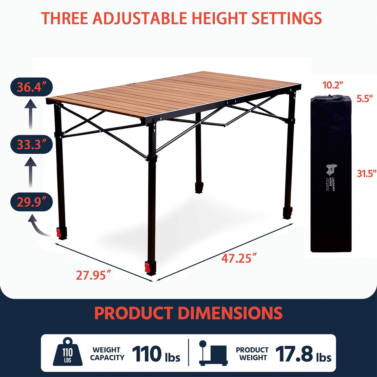 Large Adjustable Height Aluminum Camping Table L864