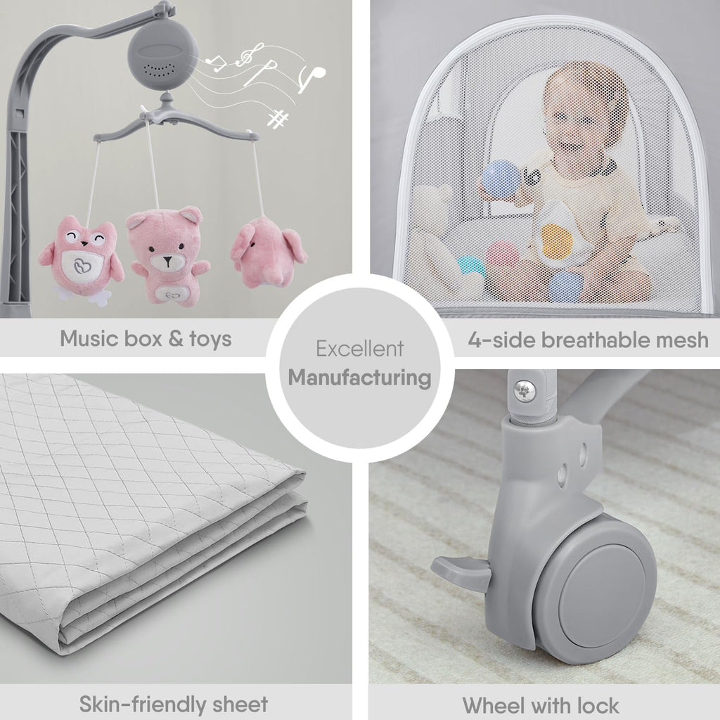 Pink Baby Bassinet Bedside Crib with Mattress S466