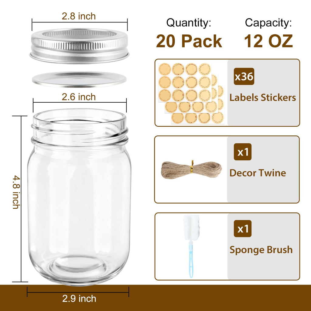 20 Pack 12 oz Mason Jars with Lids and Bands P9616