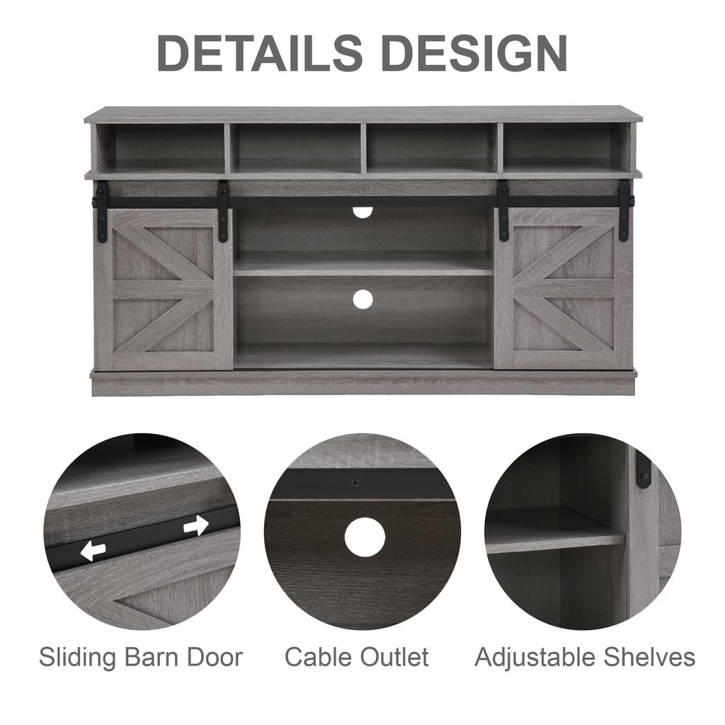 65" Grey Farmhouse TV Stand with Sliding Doors D717