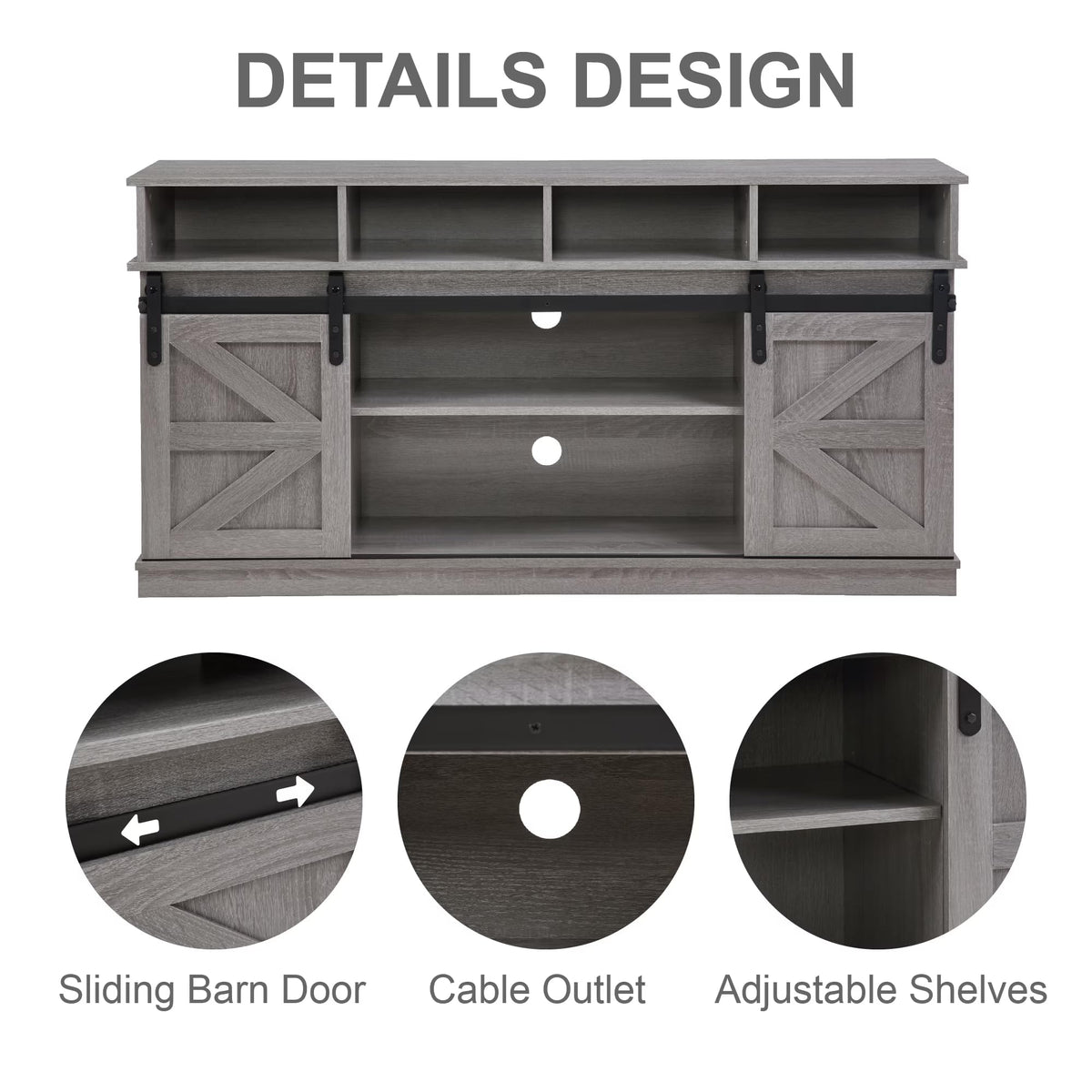 65" Grey Farmhouse TV Stand with Sliding Doors D717