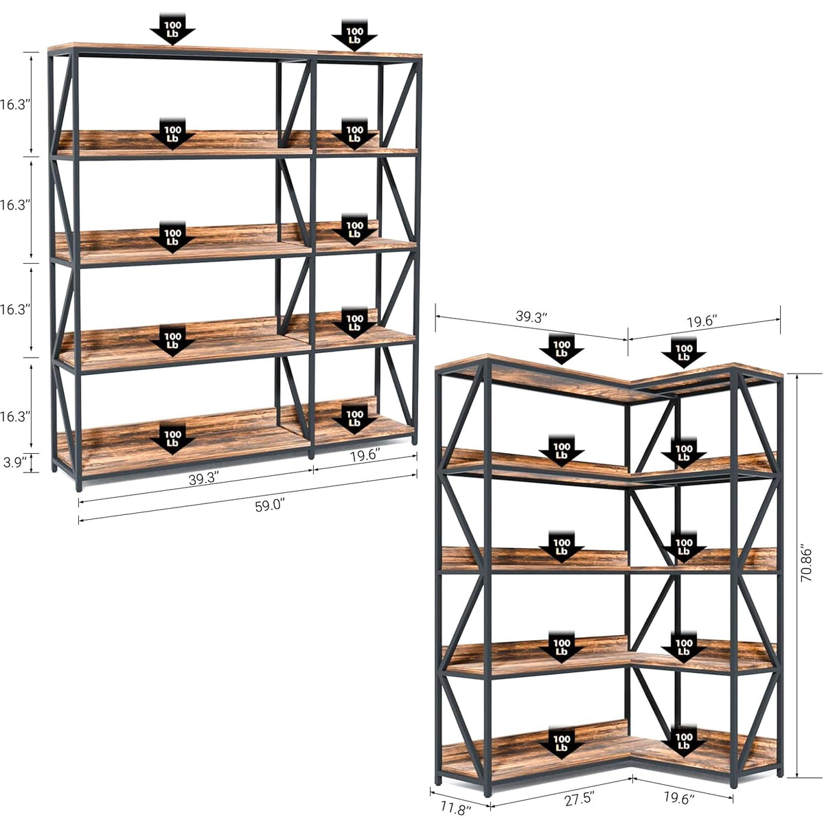 L Shaped 5 Tier Corner Bookshelf with Light C81753