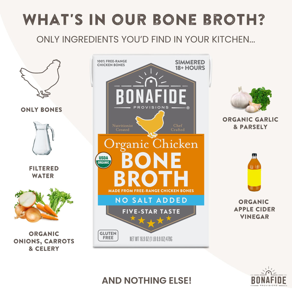 Organic Chicken Bone Broth No Salt Added 16.9oz 6 Pack K440