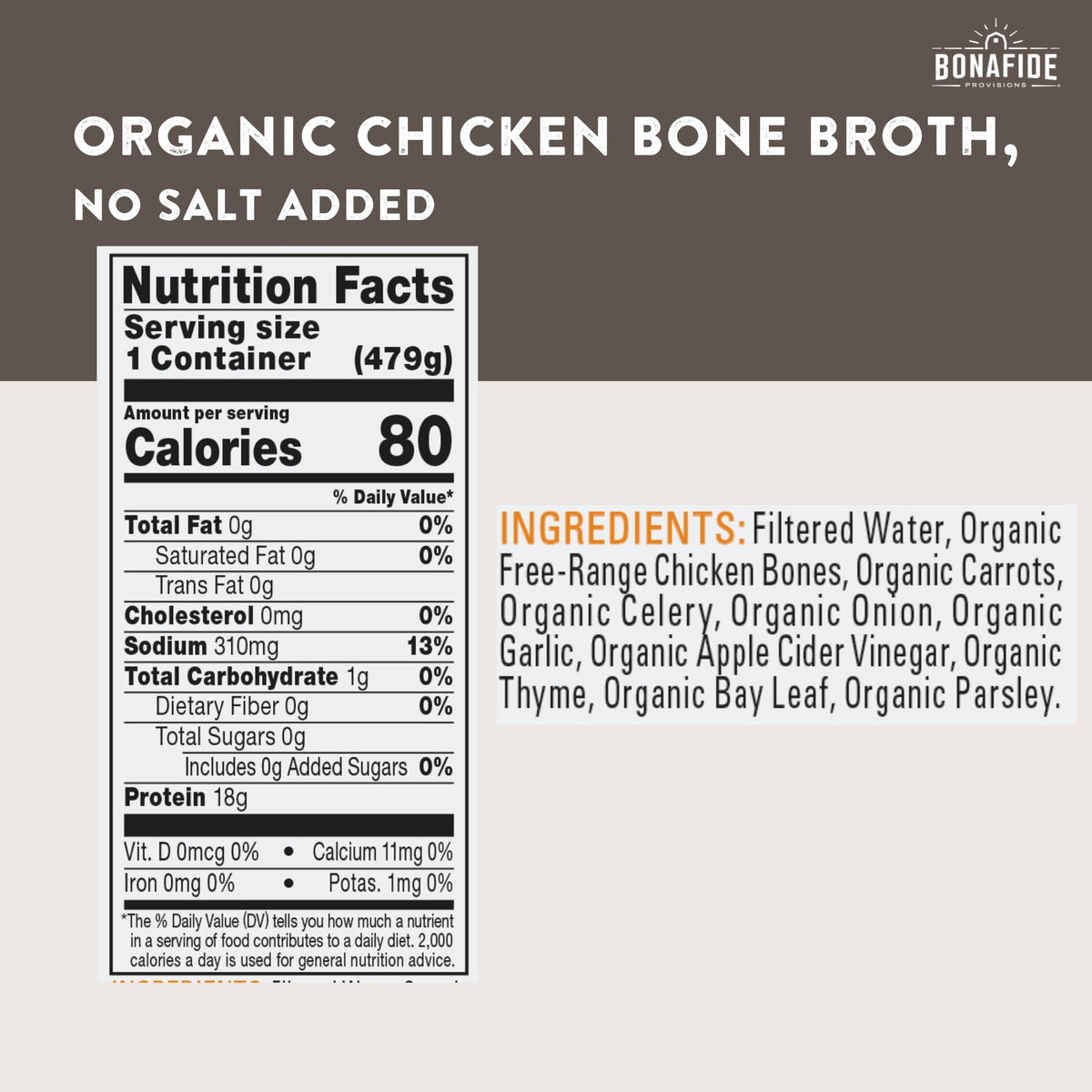 Organic Chicken Bone Broth No Salt Added 16.9oz 6 Pack K440