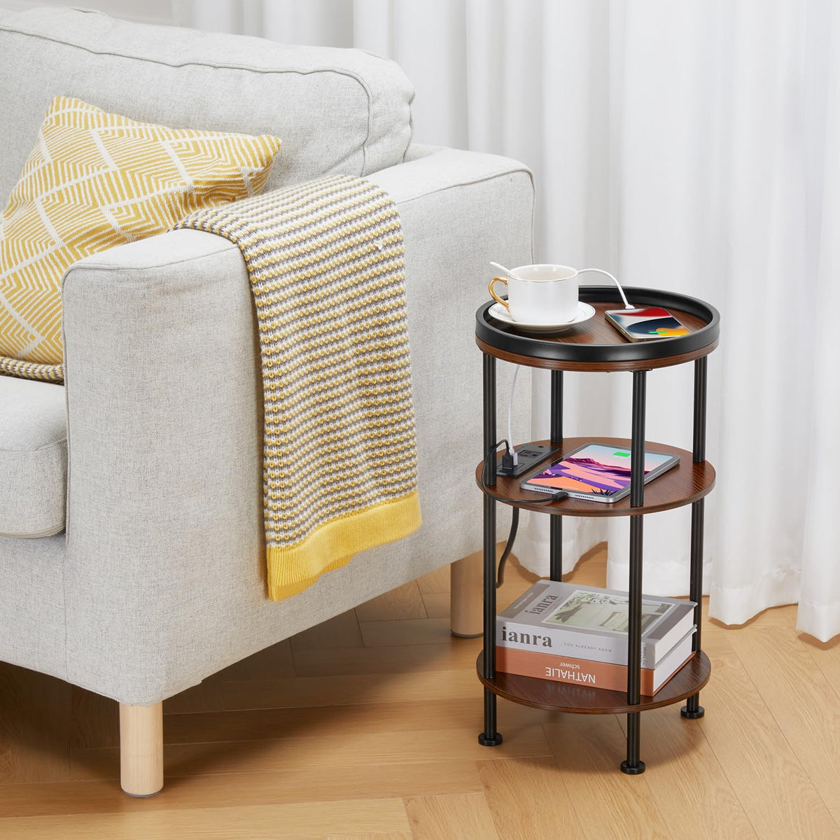 Small Round 3-Tier Side Table with Charging Station V400167