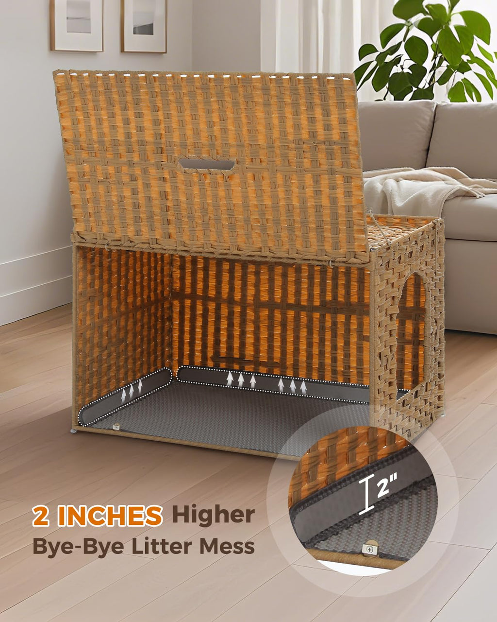Beige Rattan Cat Litter Box Enclosure O74457