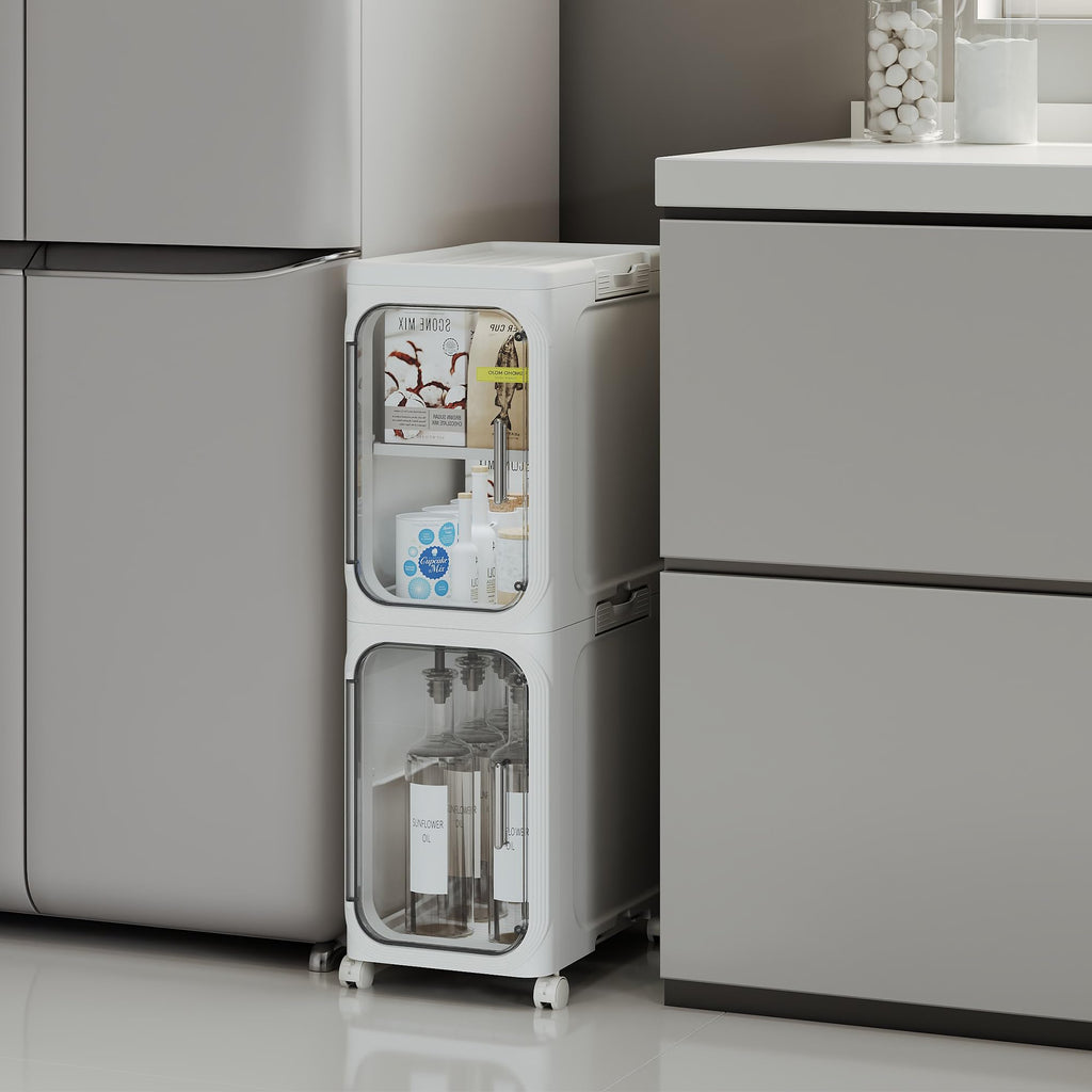 Narrow Slim 2-Tier White Bathroom Storage Cabinet with Wheels H75347