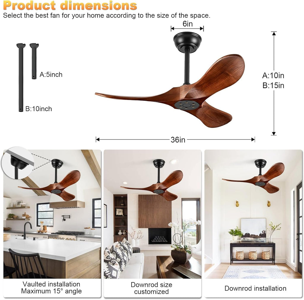 Solid Wood 3 Blade Ceiling Fan with Remote Wall Control P829