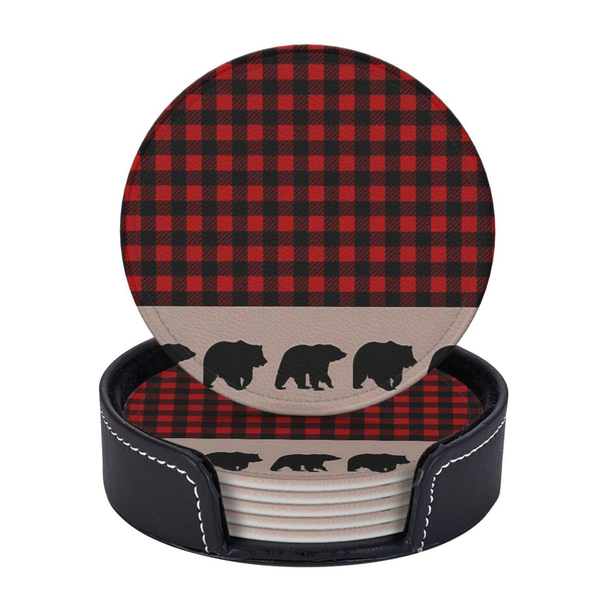 6 Pcs Plaid Leather Coasters with Holder W316