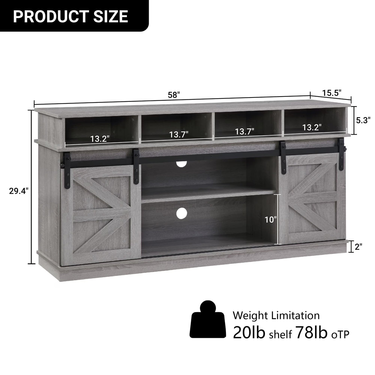 65" Grey Farmhouse TV Stand with Sliding Doors D717