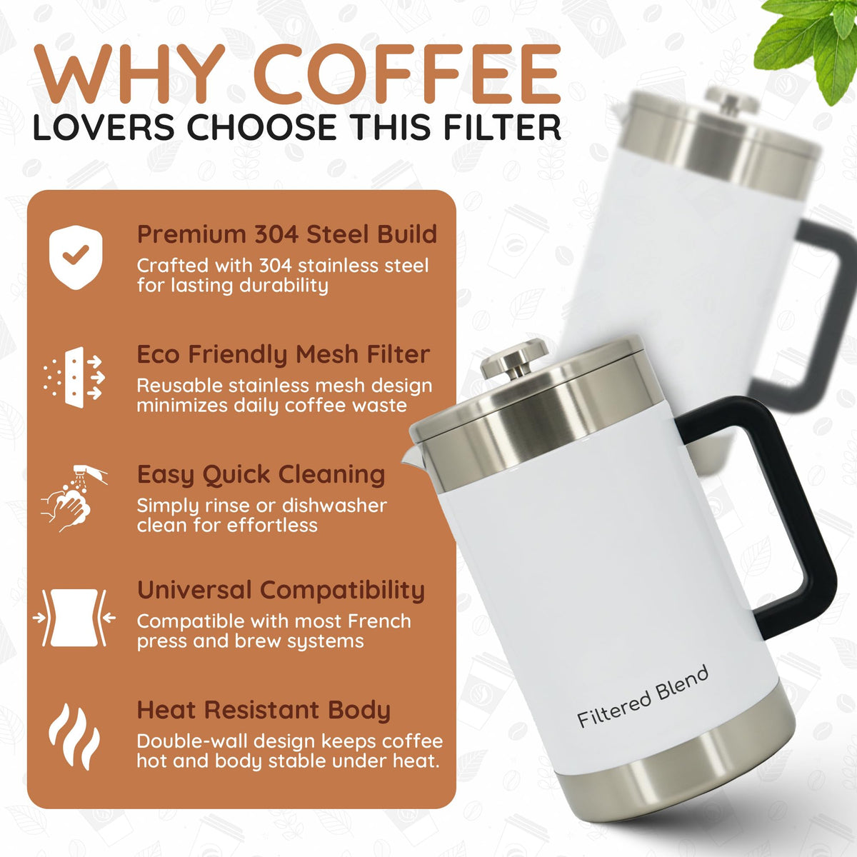 54 oz White Stainless Steel French Press Coffee Maker I92364