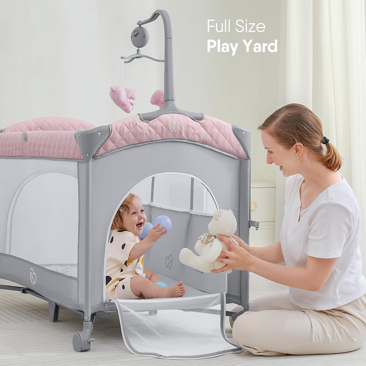 Pink Baby Bassinet Bedside Crib with Mattress S466