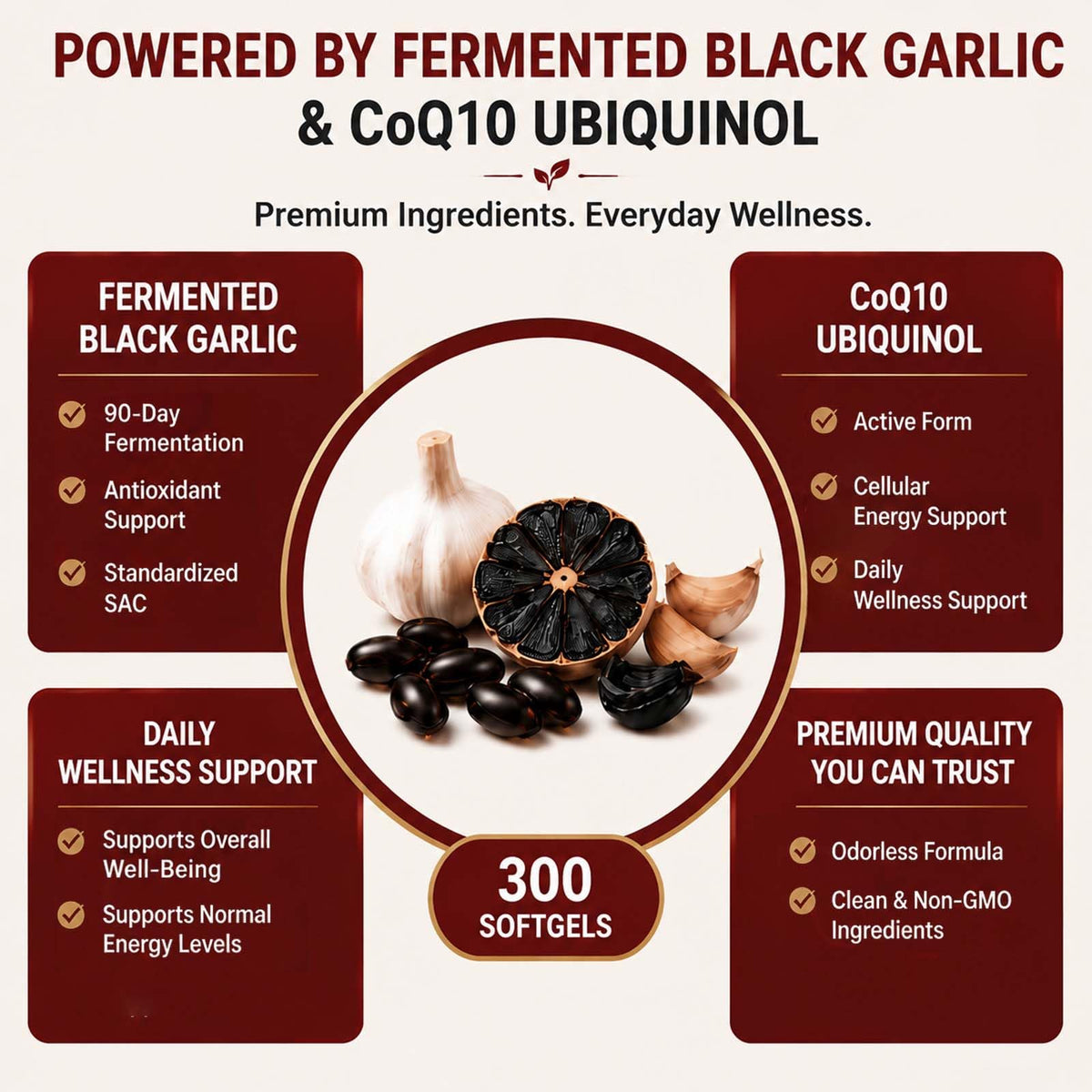 Black Fermented Black Garlic CoQ10 Ubiquinol Softgels N376086