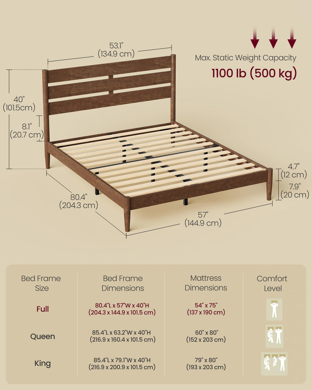 Full Wood Platform Bed with Headboard Storage Shelf B529