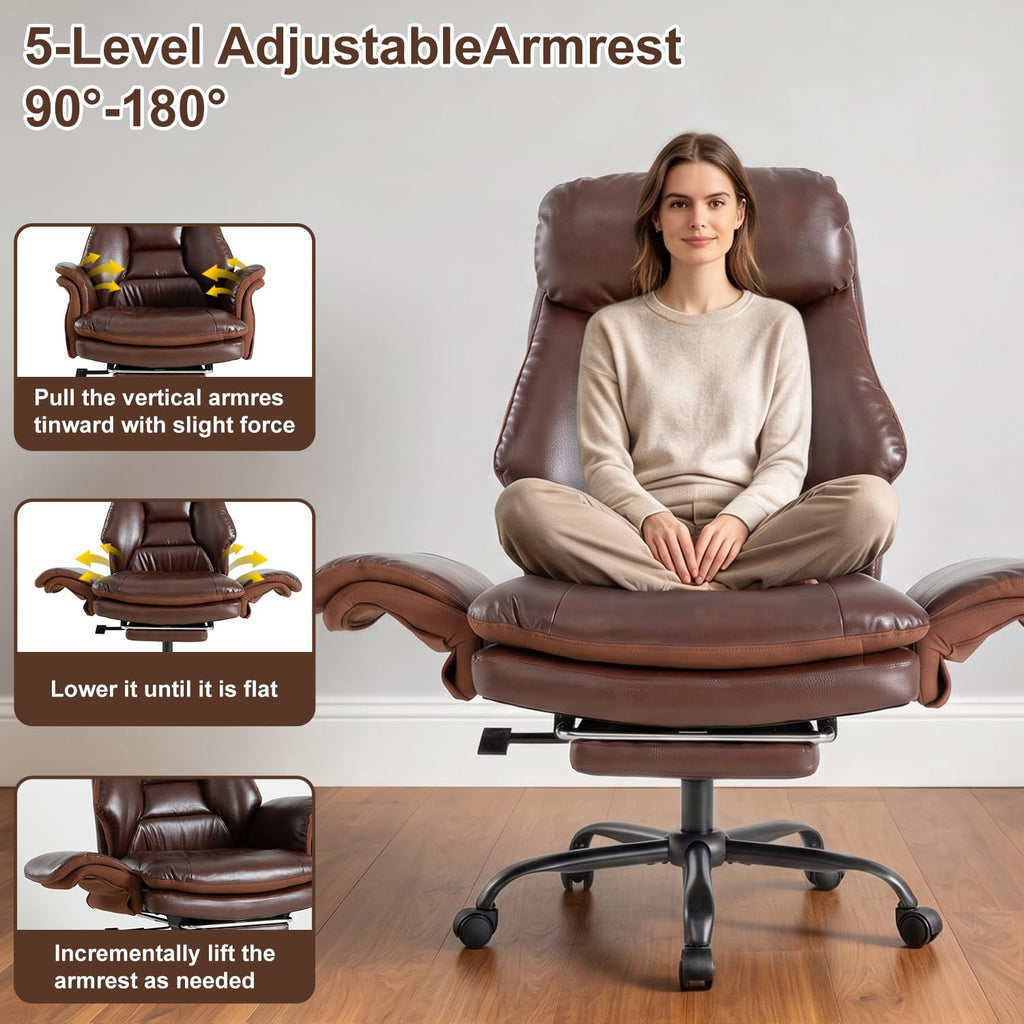 600lbs Big and Tall Brown Leather Office Chair with Footrest N901