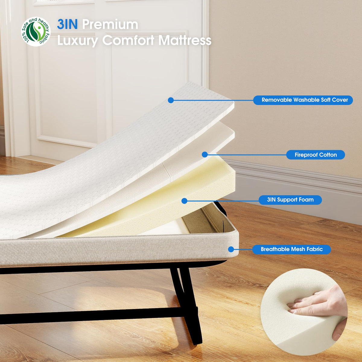 Folding Bed with Mattress, Memory Foam and Metal Frame, 75" x 31" G71444