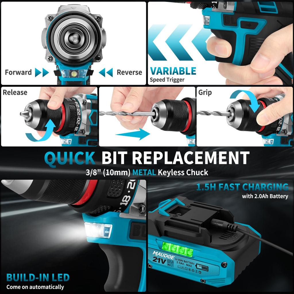 21V Brushless Cordless Drill with 2 Batteries & Charger U8082