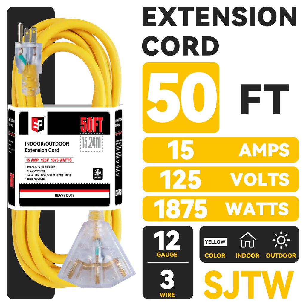 50 Ft Outdoor Extension Cord 3 Outlets Yellow L631