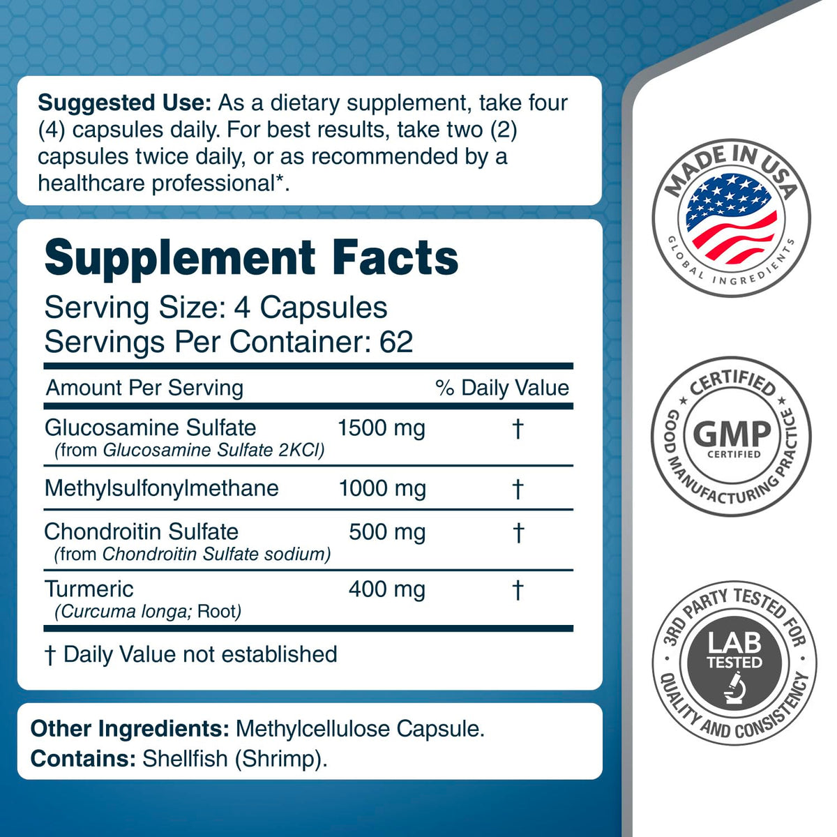Glucosamine Chondroitin MSM & Turmeric Supplement, 248 Capsules K4170