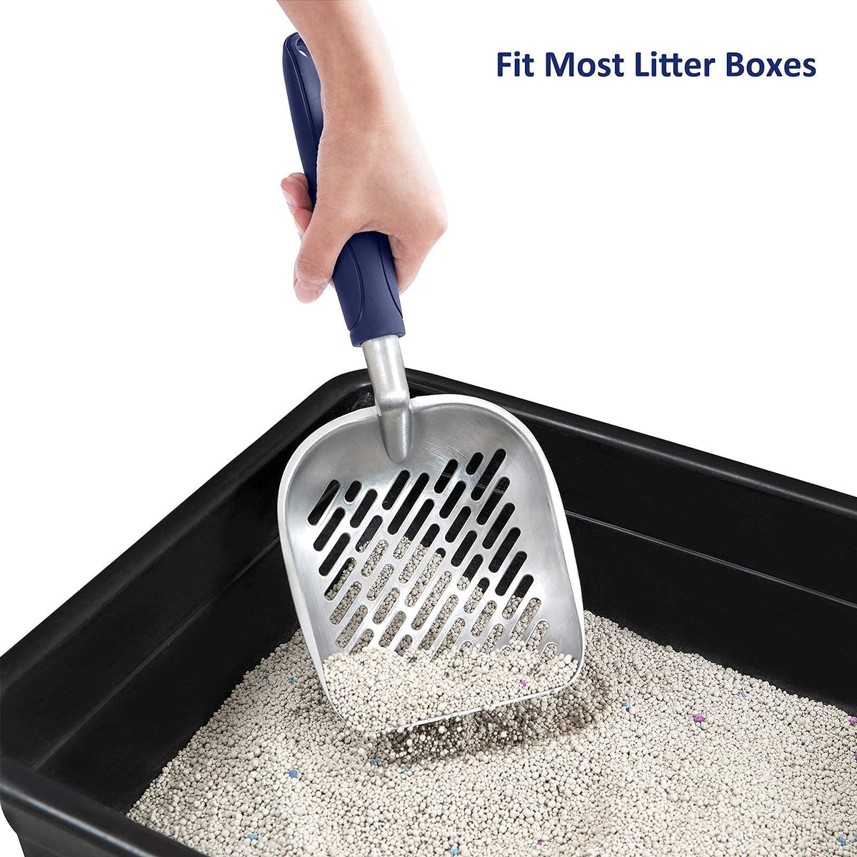 Aluminum Alloy Cat Litter Scoop with Long Handle, Medium Size, Blue Handle V83992