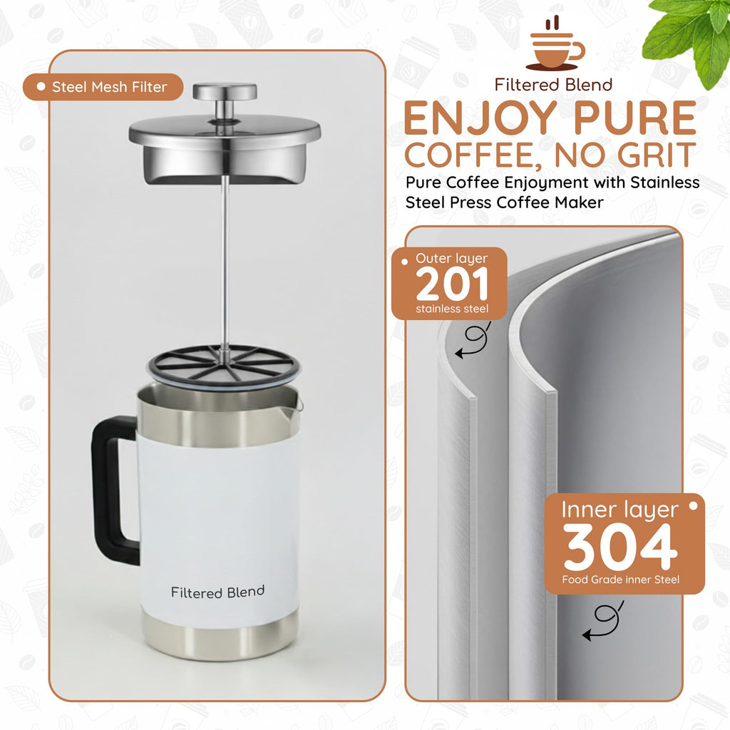 54 oz White Stainless Steel French Press Coffee Maker I92364